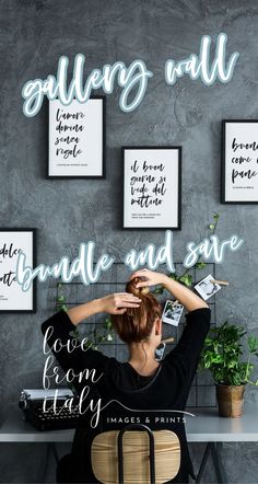 a woman sitting at a desk in front of a wall with pictures on it and the words, bundle and save above her head