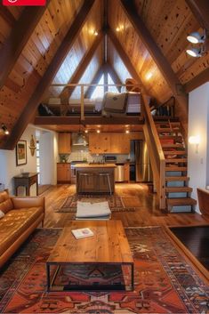 a living room filled with lots of furniture and wooden floors next to a stair case