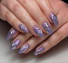 Purple And Silver Chrome Nails, Isolated Chrome Nails, Purple Nails Chrome, Textured Nail Art, Rave Nails, Winter Nails Gel, Witchy Nails, Hippie Nails, Silver Nail