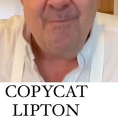 a close up of a person wearing glasses and a white shirt with the words copycat lipton on it