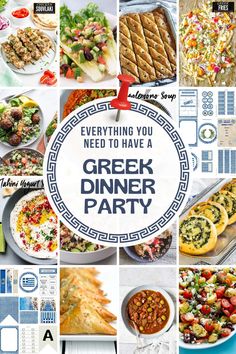 greek salads, desserts and main dish with party decorations Gyro Bar Wedding, Greek Inspired Party Food, Greece Party Food, Greek Picnic Food Ideas, Greek Dinner Party Ideas, Greek Themed Party Food, Greek Mythology Food Ideas, Gyro Station, Greek Food Dinner Party