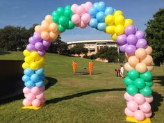 an arch made out of balloons in the grass