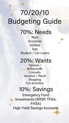 a white poster with gold stars on it and the words budgeting guide 70 % needs