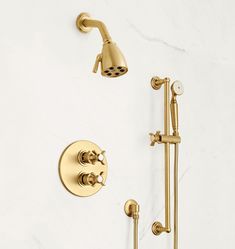 a gold shower faucet with thermostaer and hand shower head