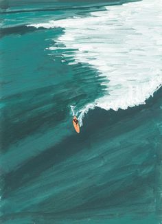 a painting of a person riding a surfboard on a wave in the ocean,