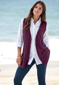 The longer length vest you need for layering with style. Made in a classic drop-needle stitch, it features a button front, V-neck, rib trim and we've even Sweater Collection, Current Fashion Trends, Plus Size Sweaters, Swimsuits For All, Cardigan Vest, Sweater Vest, Size Clothing, Sweater Top, Plus Size Outfits