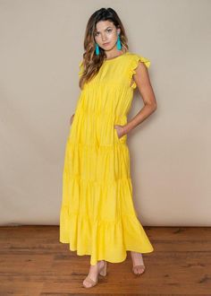 Tiered Yellow Ruffle Cap Sleeve Maxi Dress-$110 – Hand In Pocket Luxury Yellow Ruffled Maxi Dress, Spring Tiered Maxi Dress, Solid Ruffled Maxi Dress For Spring, Spring Solid Maxi Dress With Ruffles, Spring Solid Color Ruffled Maxi Dress, Chic Yellow Tiered Maxi Dress, Solid Color Spring Maxi Dress With Ruffles, Spring Solid Tiered Dress With Ruffle Hem, Solid Tiered Maxi Dress With Ruffle Hem