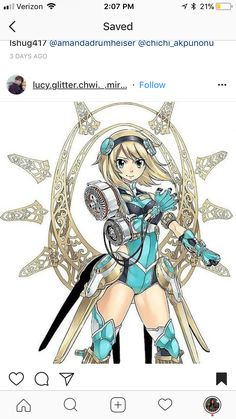 an anime character holding two swords in one hand and wearing blue gloves with gold accents