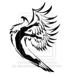 a black and white drawing of a bird with wings