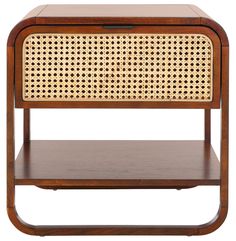 the side table is made out of wood and has an open drawer with rattan