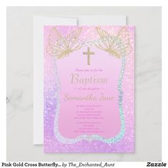 Pink Gold Cross Butterfly Religious Baptism Invitation Baptism Invitation, Baptism Girl, Baptism Invitations, Create Your Own Invitations, Gold Cross, Disney Gifts