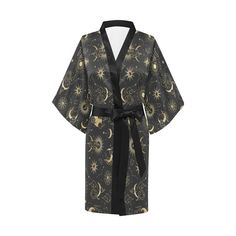 Type: Polyester Fabric, for Women, All-Over Printing 12.63 Oz. kimono robe for women. Made from 100% Polyester fabric, lightweight and comfortable. Adjustable size. Outside belt around waist ensures a secure and universal fit. Super comfy and stylish. Perfect choice for daily sleepwear, casual bathrobe or other occasions. Sizes: XS,S,M,L,XL,2XL. Please calculate your size from the measurement chart below. Machine wash: cold (max 40℃ or 104℉); Non-chlorine; Iron with cover; Do not tumble dry; In Moon Kimono, Robe Sleepwear, Robe For Women, Celestial Print, Sewing Pants, Anime Inspired Outfits, Sun Moon Stars, Print Kimonos, Womens Robes