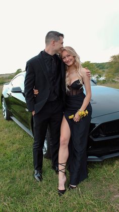 matching black car and prom outfits Prom Pictures Couples With Car, Black Prom Dress Couple Outfit, Car Prom Pics, Prom Photos With Car, Prom Pics With Car, Prom Poses With Car, Prom Car Pictures, All Black Prom Couple, Prom Inspo Couples