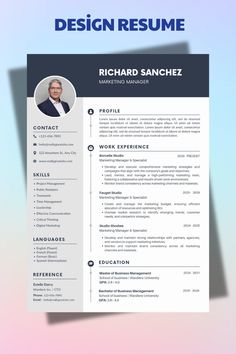 a professional resume template with blue and gray colors, on a light pink colored background