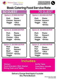 a flyer for a catering service in pink and white with the words 50 guest, 70 guest