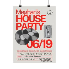 a poster advertising a house party with record players and drinks on the front, hanging from hooks