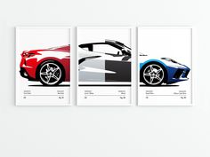 three different colored sports cars are shown on the wall in this minimalist art print set