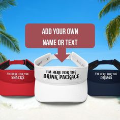 Introducing our fabulous customizable sun visor, perfect for your upcoming cruise vacation! These trendy visors not only protect you from the sun's rays but also showcase funny sayings that are sure to make a splash on the deck. Whether you want to express your humor or make a statement, our visors are the perfect accessory. With various customization options available, you can choose from a range of hilarious phrases that will surely keep the good times rolling. So grab one of our delightful customizable sun visors and let the laughter begin on your next cruise adventure! * 97% polyester, 3% spandex * Low-profile * 2 ½″ (5 cm) crown * Matching undervisor * Hook & loop closure with square ring * Head circumference: 22″-23 ⅜″ (56 cm-59 cm) Items are individually prepared, resulting in varyi Cruise Hats, Birthday Cruise, Funny Hats, Square Ring, Beverage Packaging, Funny Sayings, Sun Visor, Cruise Vacation, 25th Anniversary