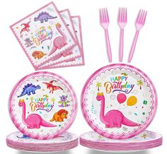 pink dinosaur birthday party supplies including plates, napkins and forks