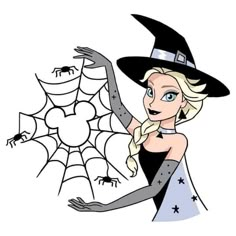 a woman dressed as a witch holding a spider web with her hand and wearing a black hat