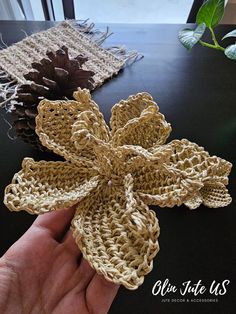 crocheted pine cone flowers are being held by someone's hand on a table