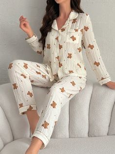 Teddy Bear Style Long Sleeve & Pants Pajama Set Apricot Cute  Long Sleeve Woven Fabric Cartoon Pant Sets Non-Stretch Fall/Winter Women Sleep & Lounge, size features are:Bust: ,Length: ,Sleeve Length: Teddy Bear Pajamas Set, Neutral Christmas Pajamas, Autumn Pjs, Teddy Bear Pajamas, Fall Pajamas, Lounge Wear Outfit, Winter Pjs, Pajamas Aesthetic, Christmas Pj