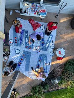 an overhead view of some people sitting at a table