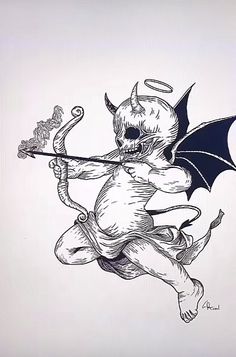 a black and white drawing of a demon with an umbrella on it's back