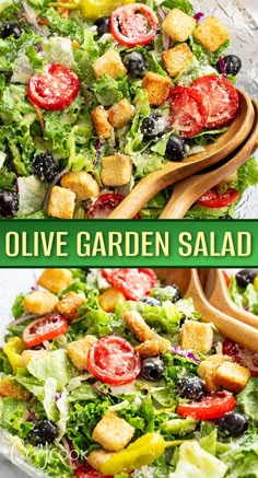 two pictures of salad with olives, tomatoes and croutons