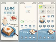 three app screens showing different food items on the same screen, one with an egg and another