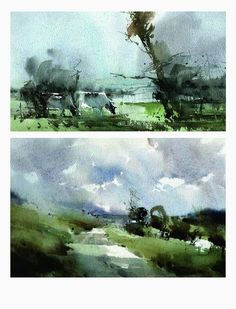 two watercolor paintings of trees and grass in the distance, with clouds above them