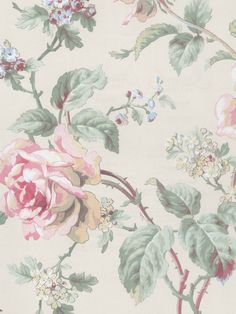 a floral wallpaper with pink flowers and green leaves