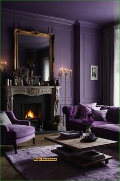 a living room with purple furniture and a fire place in the corner is lit by candles