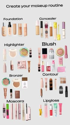 Create your own makeup routine? Makeup Prep Routine, Back To School Makeup Products, Make Up Routine Aesthetic, Cheap Makeup Routine, Makeup Routine For 13-14, Makeup Routine Products, Makeup Products List, Natural Makeup Routine