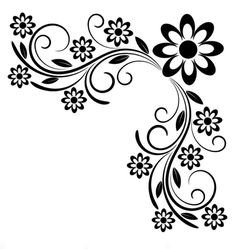 a black and white floral design with swirls on the bottom, flowers in the middle