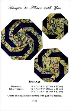 three pieces of fabric with different designs on them and the words spirals written below