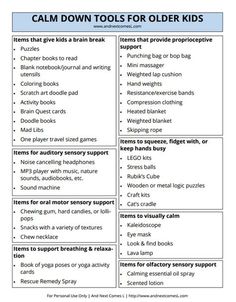 Free printable list of calm down tools for older kids from And Next Comes L Calm Down Kit, Health Posters, Calming Strategies, Adolescent Health, Counseling Activities