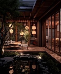 an outdoor room is lit up at night with lanterns hanging from the ceiling and lights on the floor