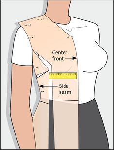 a woman's torso with the center front and side seams labeled