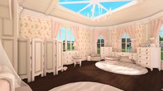 a bedroom with white furniture and pink curtains on the window sill, is shown in this artist's rendering