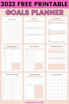 the free printable goal planner is shown in pink