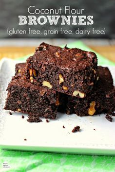 chocolate brownies stacked on top of each other with walnuts in the middle and text coconut flour brownies gluten free, grain free, dairy free