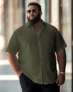 Men's Plus Size Business Simple Buckle Short Sleeve Shirt Big And Tall Casual Short Sleeve Tops, Casual Big And Tall Short Sleeve Tops, Big And Tall Short Sleeve Cotton Tops, Big And Tall Cotton Short Sleeve Tops, Solid Color Short Sleeve Shirt With Relaxed Fit, Classic Half Sleeve Shirt For Summer, Classic Half Sleeve Summer Shirt, Classic Solid Short Sleeve Camp Shirt, Big And Tall Casual Short Sleeve Shirt