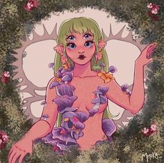 a drawing of a woman with flowers around her body