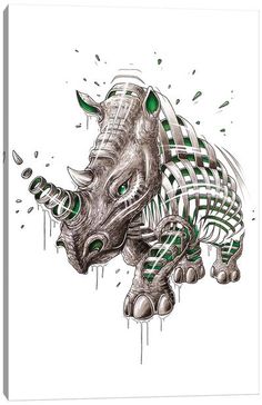 a drawing of a rhino with green and white stripes on it's head, in front of a white background