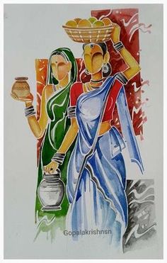 Village Girls, Beautiful Art Paintings, Indian Painting, Madhubani Art, Soyut Sanat Tabloları, Art Painting Gallery, Indian Folk Art, Modern Art Paintings