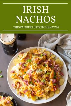 a plate full of food with the words irish nachos on it and an image of