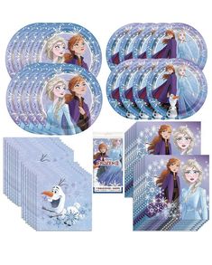 frozen princess party supplies including plates, napkins and napkins with images of the characters