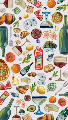 a painting of food and drinks on a white background