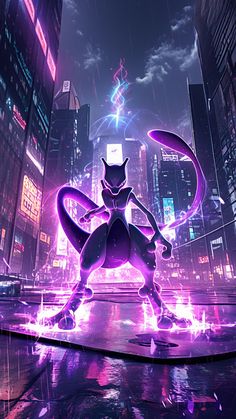 an animated character standing in the middle of a city at night with neon lights on